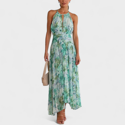 Angel | Vestido maxi plisado con flores y escote halter