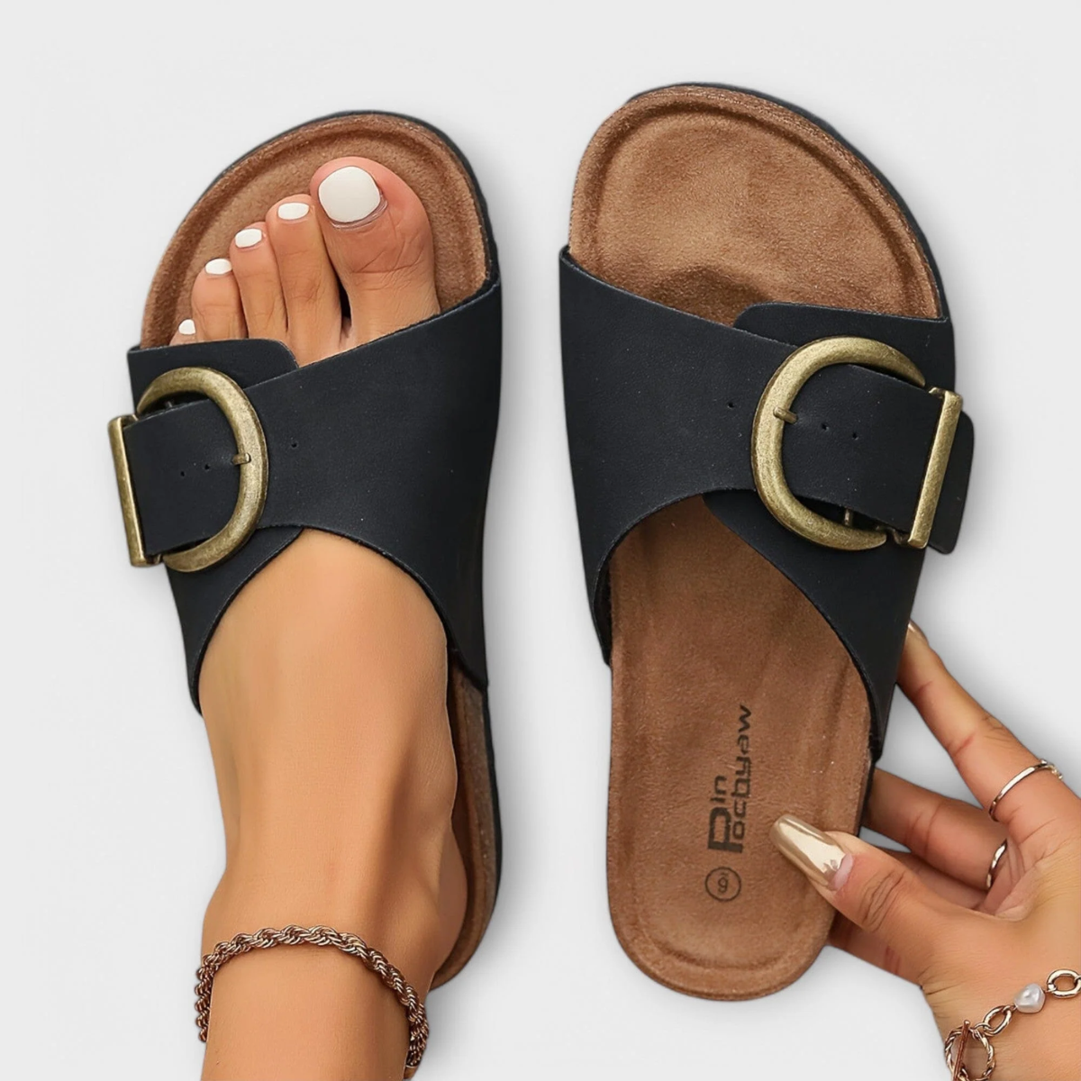 Margie – Sandalias tipo pantufla de corcho para mujer con diseño de hebilla