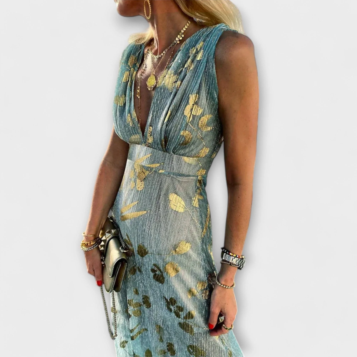 Vestido fluido con escote en V y detalles de lentejuelas
