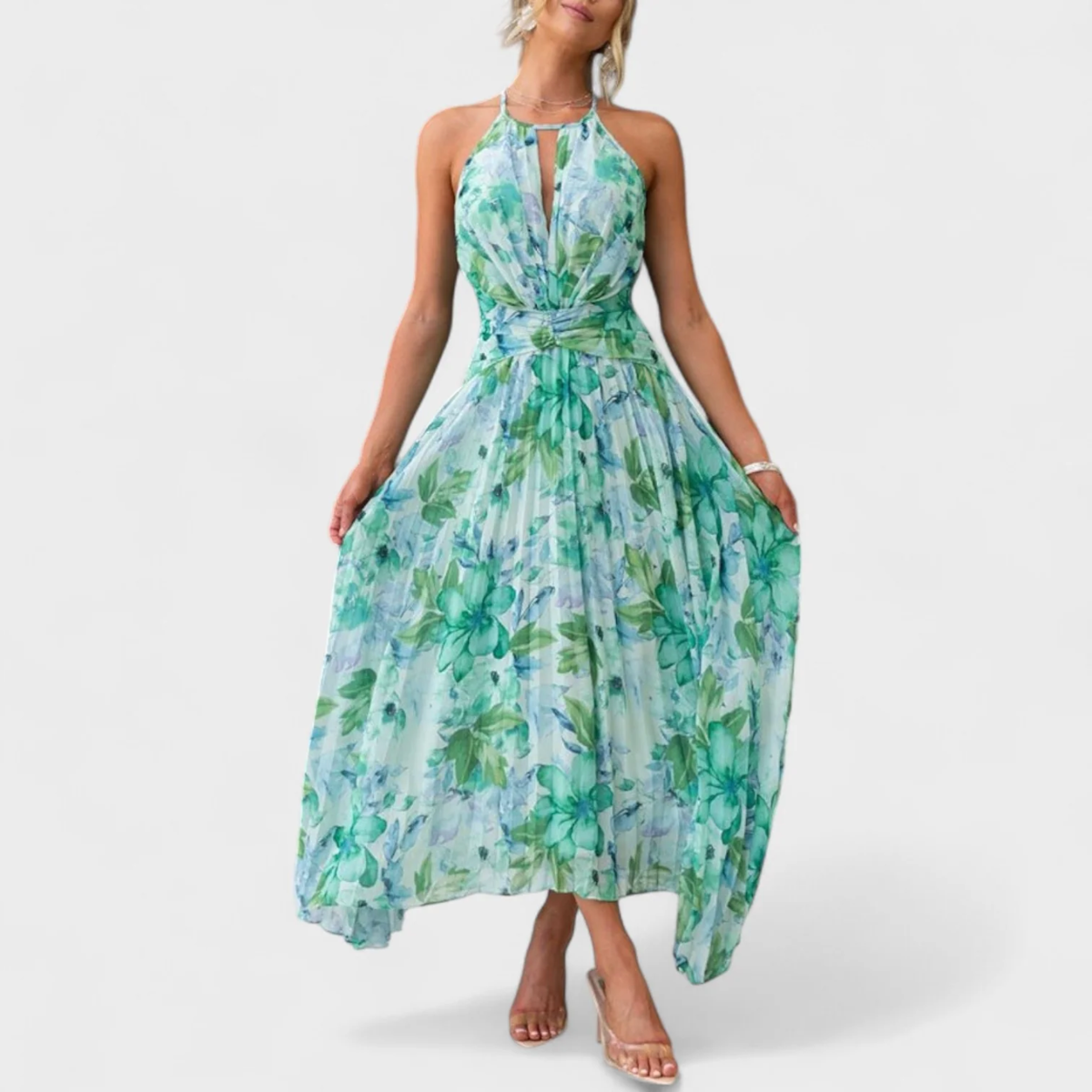 Angel | Vestido maxi plisado con flores y escote halter