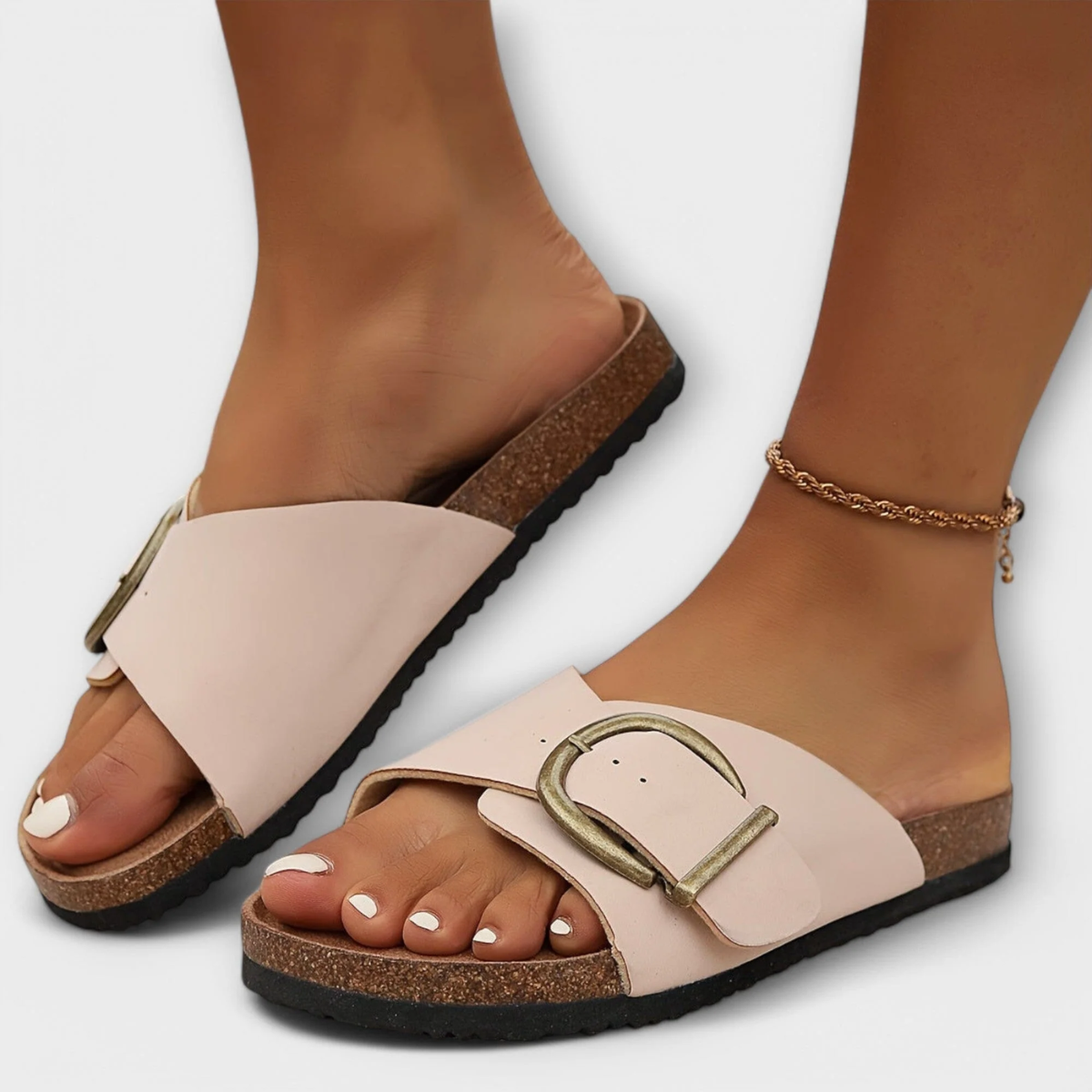 Margie – Sandalias tipo pantufla de corcho para mujer con diseño de hebilla