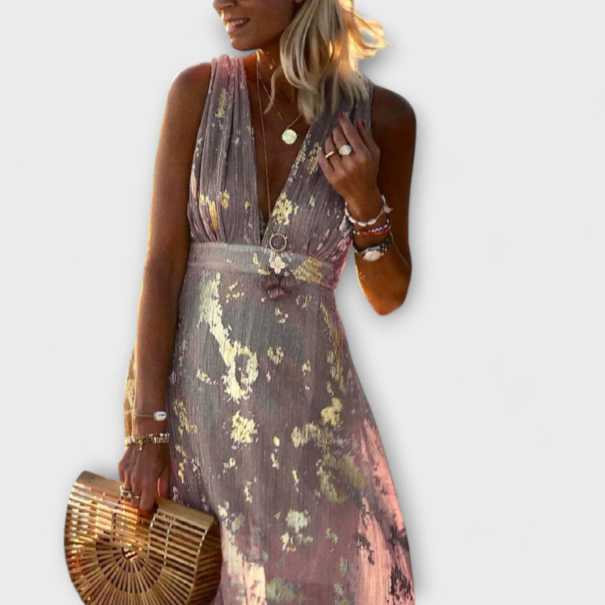 Vestido fluido con escote en V y detalles de lentejuelas