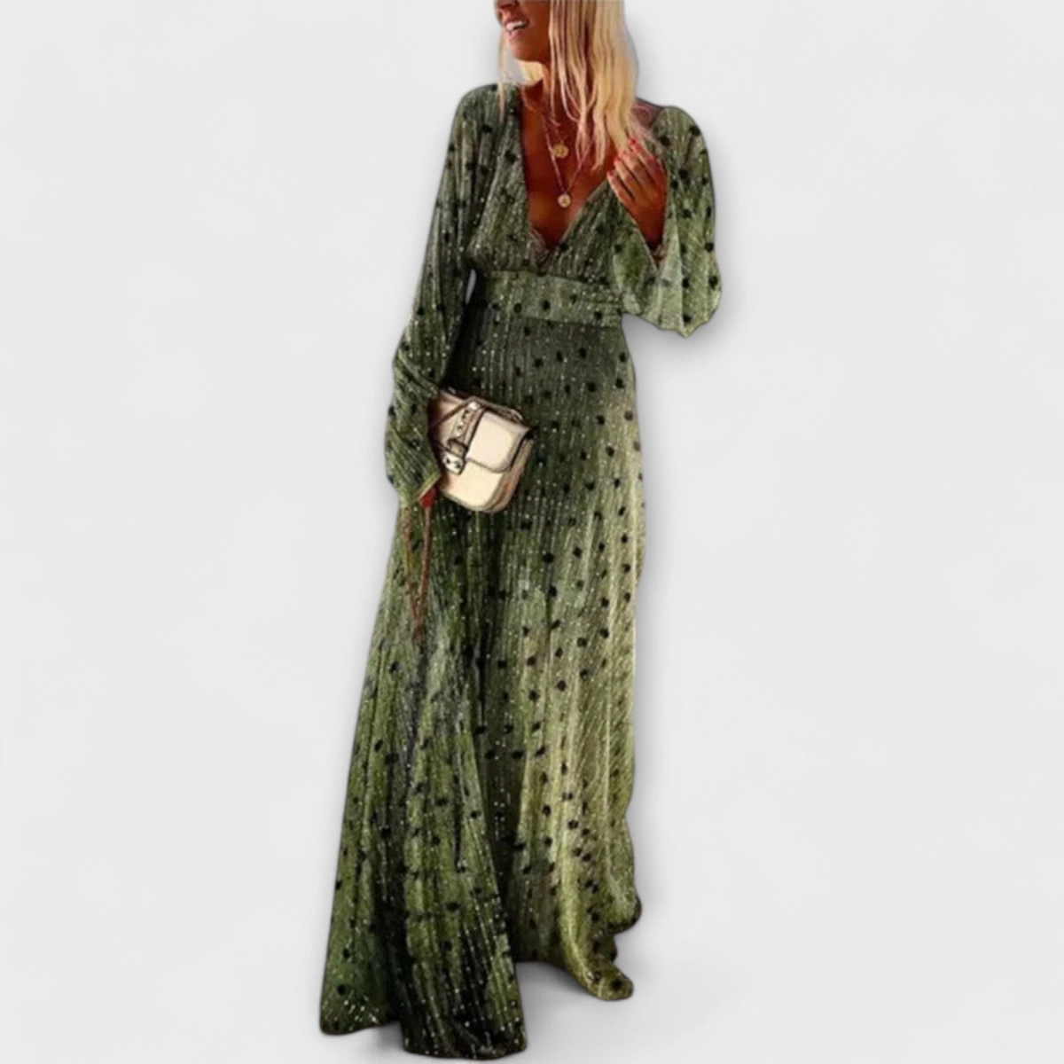 Elegante vestido largo con estampado de lunares