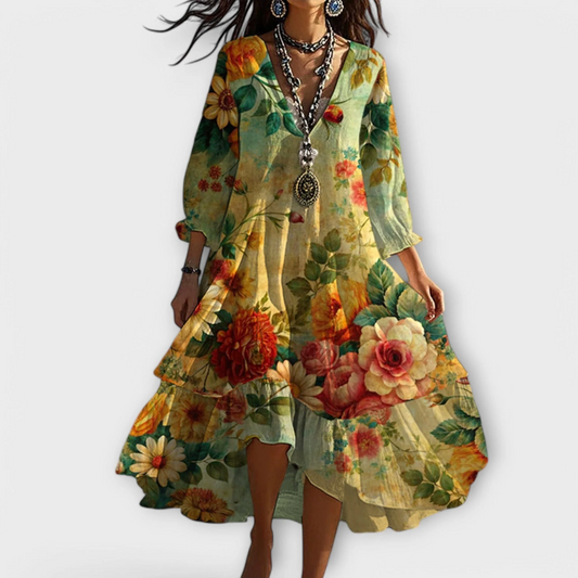 Marina – Vestido vintage boho con estampado floral y escote en V 4o mini